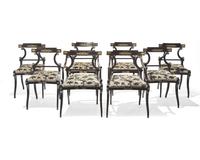 A set of eight Neoclassical gilt-bronze mounted ebonized dining chairs, possibly Baltic Region, circa 1820