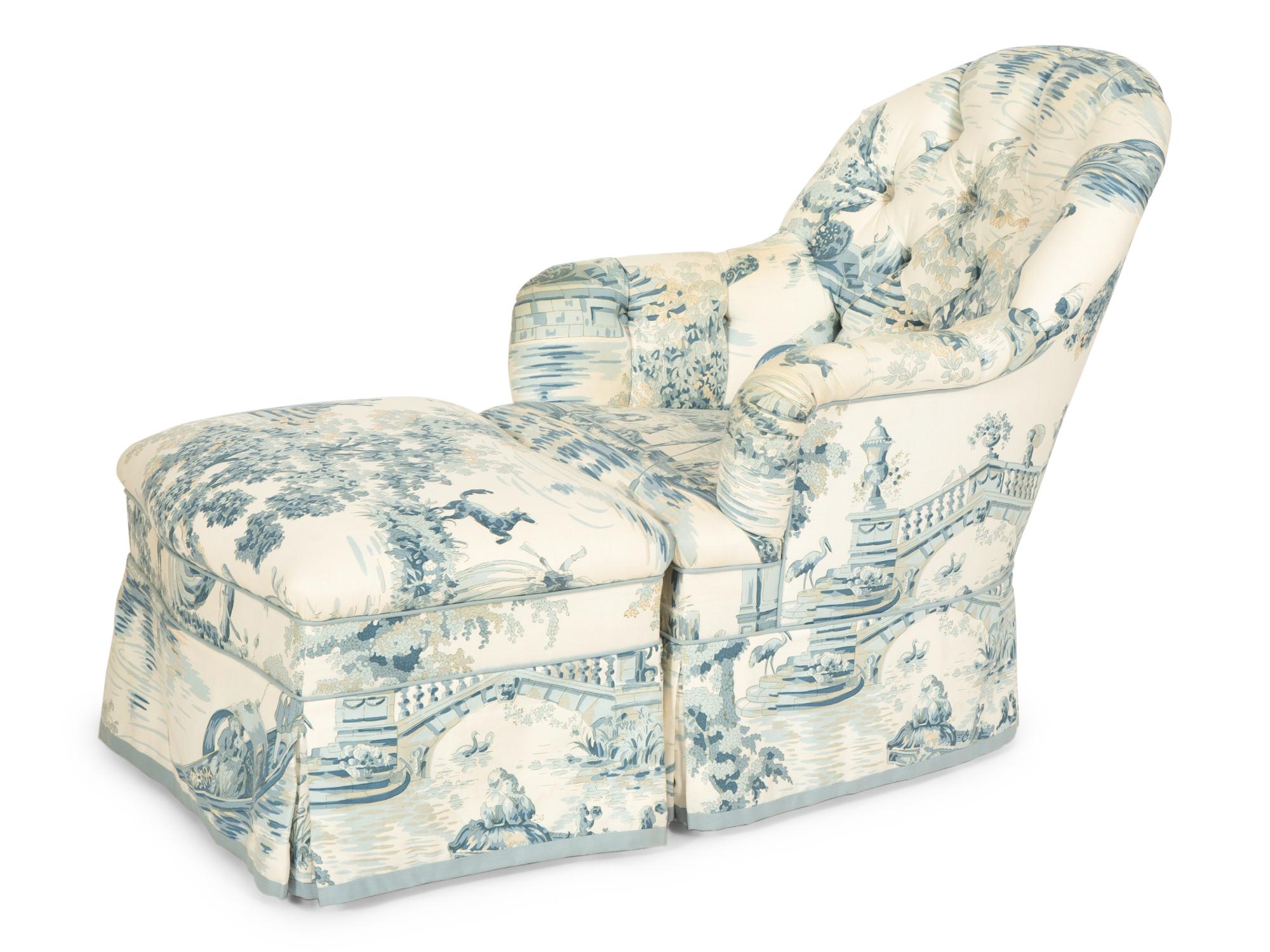 A Blue, White and Cream Upholstered Club Chair and Ottoman