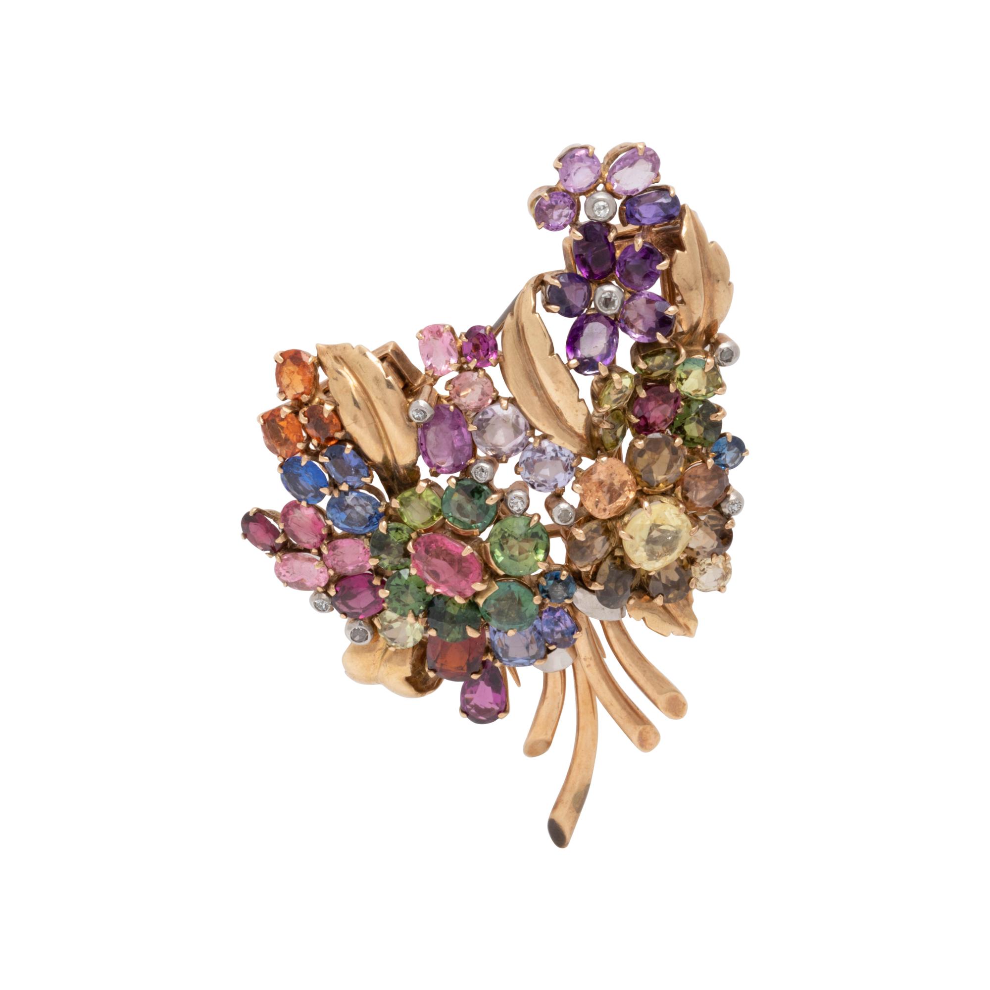 RETRO, ROSE GOLD, MULTIGEM AND DIAMOND DOUBLE CLIP BROOCH