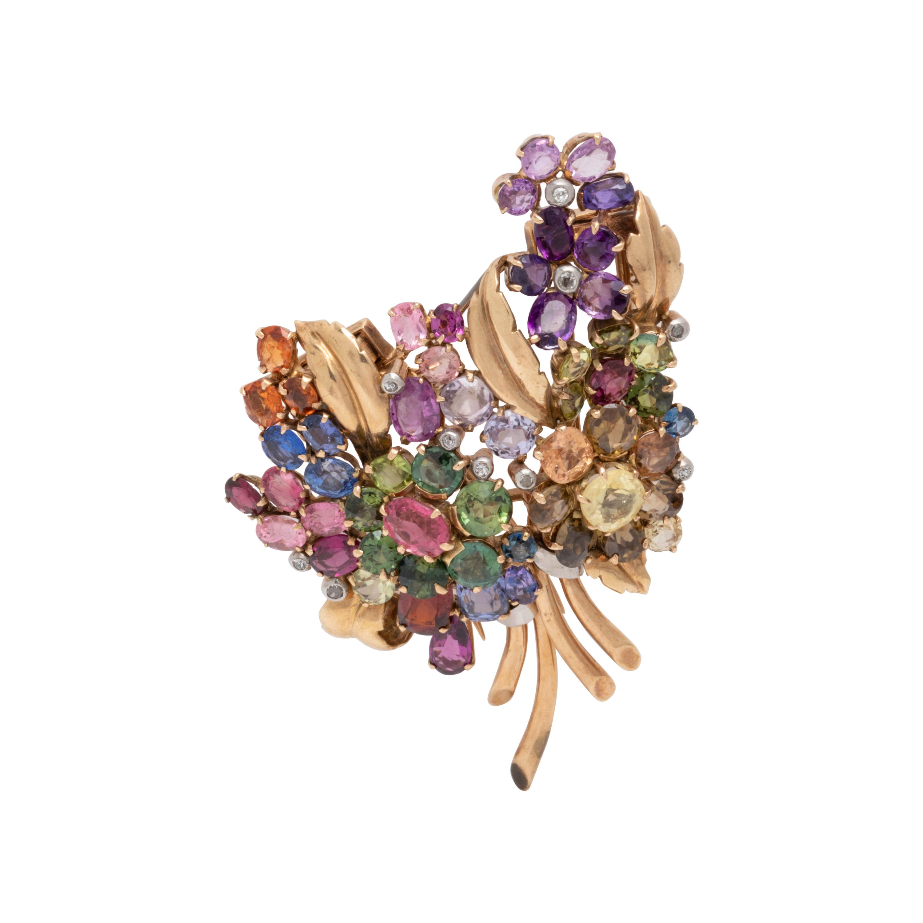 RETRO, ROSE GOLD, MULTIGEM AND DIAMOND DOUBLE CLIP BROOCH