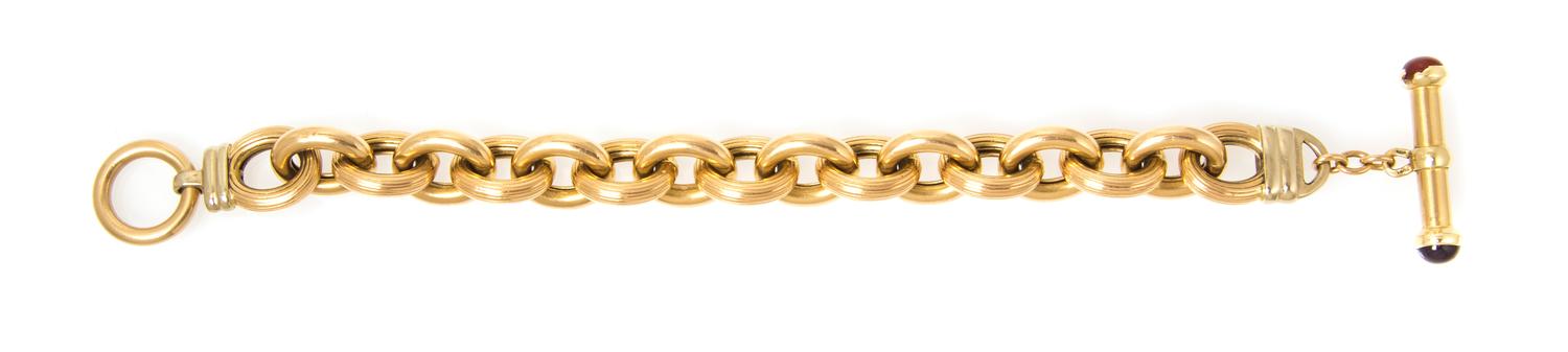 A 14 Karat Yellow Gold, Amethyst and Carnelian Link Bracelet, 28.10 dwts.