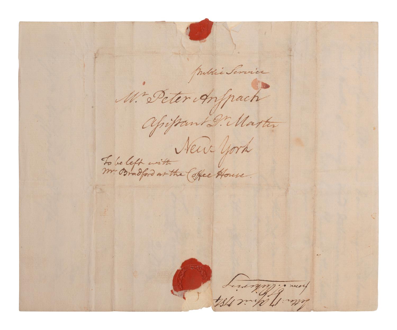 PICKERING, Timothy (1745-1829). Autograph letter signed ("Tim Pickering"), to Peter Anspach and Messr. Wolfe. Elizabethtown, 17 April 1784.
