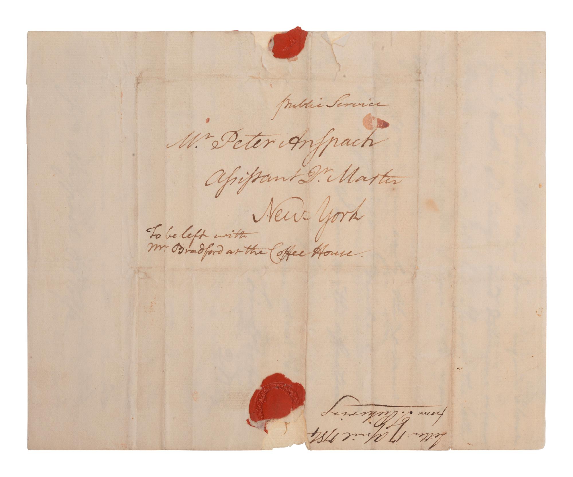 PICKERING, Timothy (1745-1829). Autograph letter signed ("Tim Pickering"), to Peter Anspach and Messr. Wolfe. Elizabethtown, 17 April 1784.
