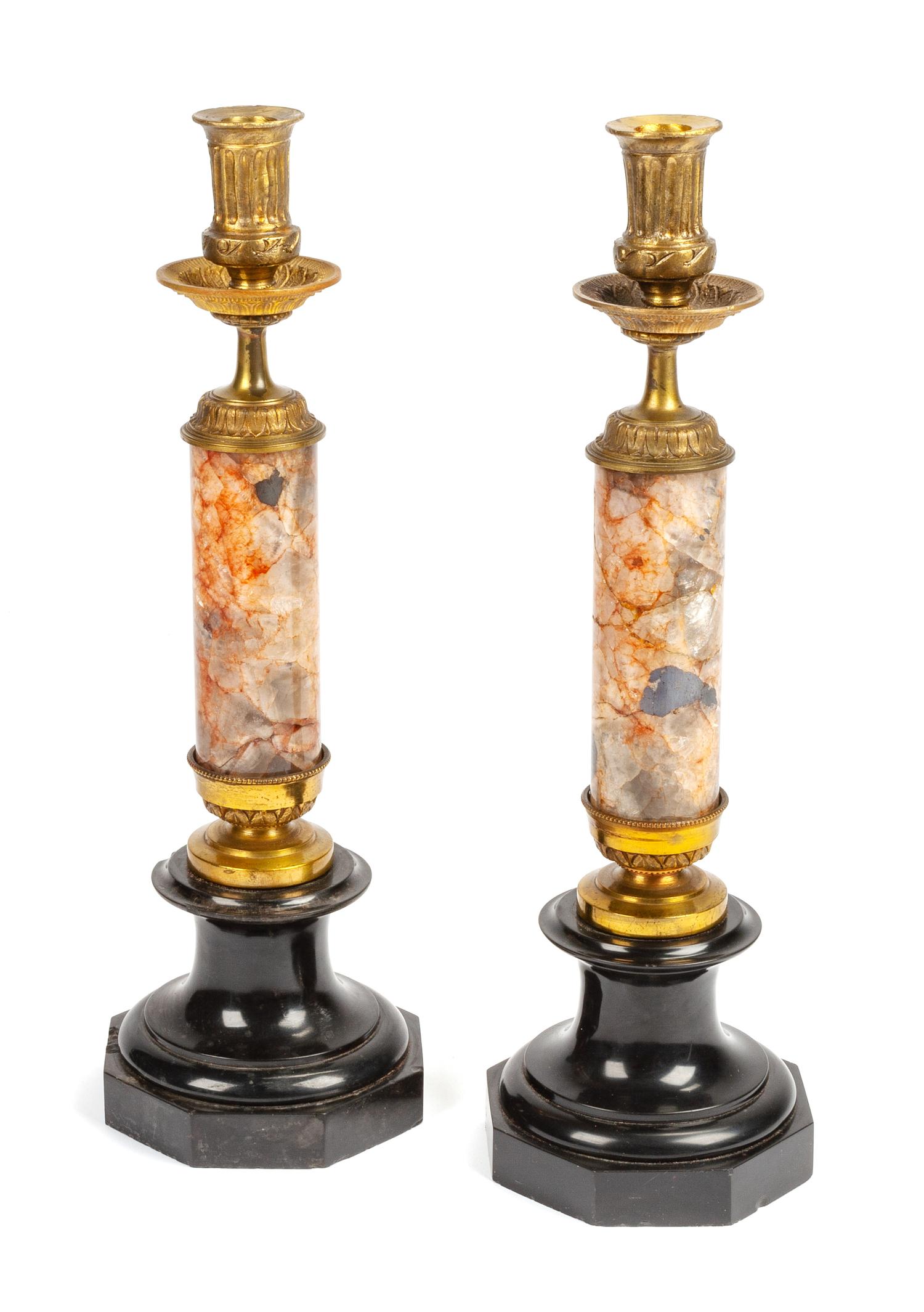 A Pair of Gilt Bronze Mounted Blue John Candlesticks Height 16 inches. — 19TH CENTURY