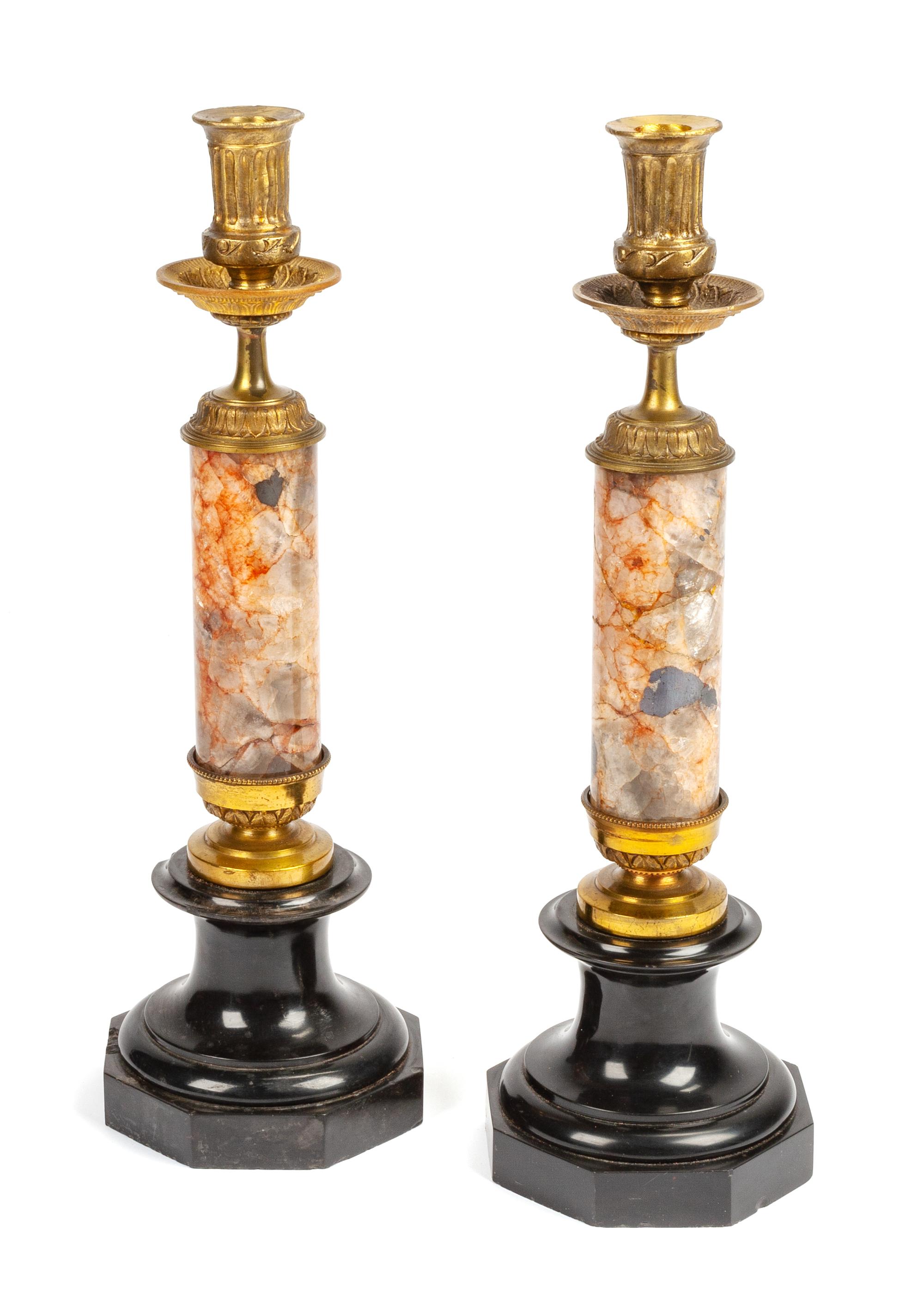 A Pair of Gilt Bronze Mounted Blue John Candlesticks Height 16 inches. — 19TH CENTURY