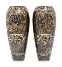A Pair of Japanese Inlaid Iron 'Komai' Vases