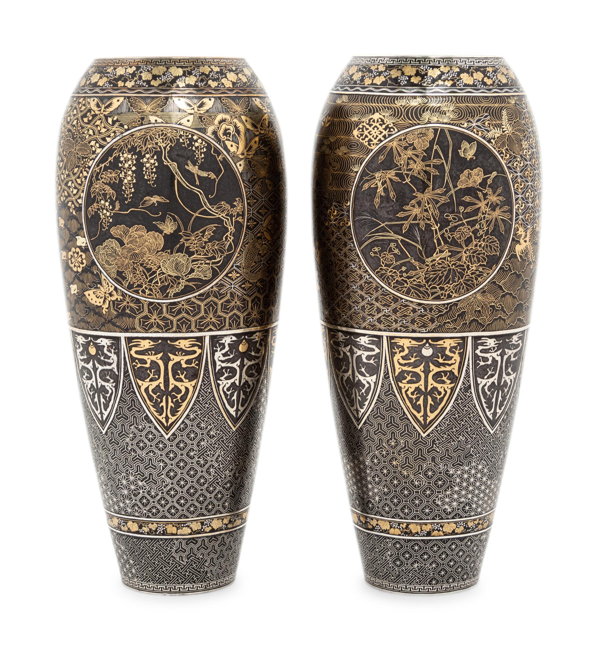 A Pair of Japanese Inlaid Iron 'Komai' Vases