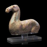 A Chinese Painted Grey Pottery Figure of Recumbent Horse, Han Dynasty 漢 彩繪灰陶馬