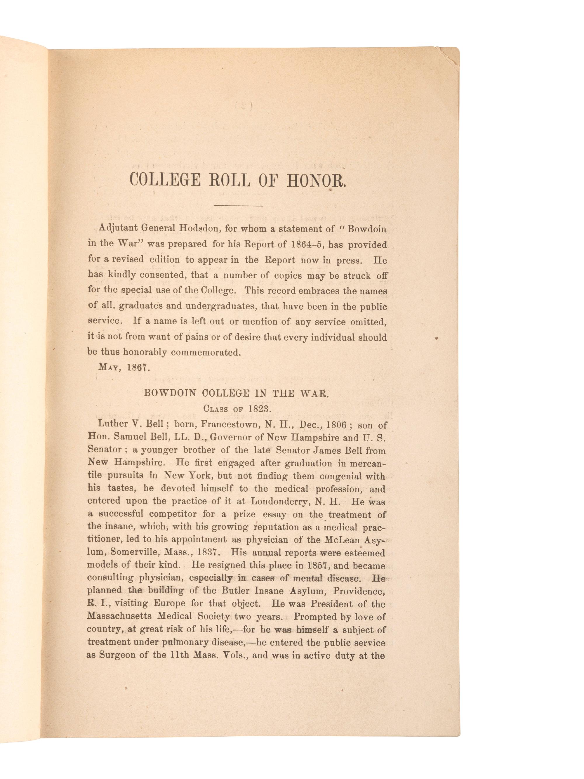 [CHAMBERLAIN, Joshua Lawrence (1828-1914)]. 1858 Bowdoin College yearbook with signatures and photographs of Joseph S. CHAMBERLAIN, Alpheus S. PACKARD, and others. [ With :] Bowdoin in the War. SIGNED by Chamberlain.