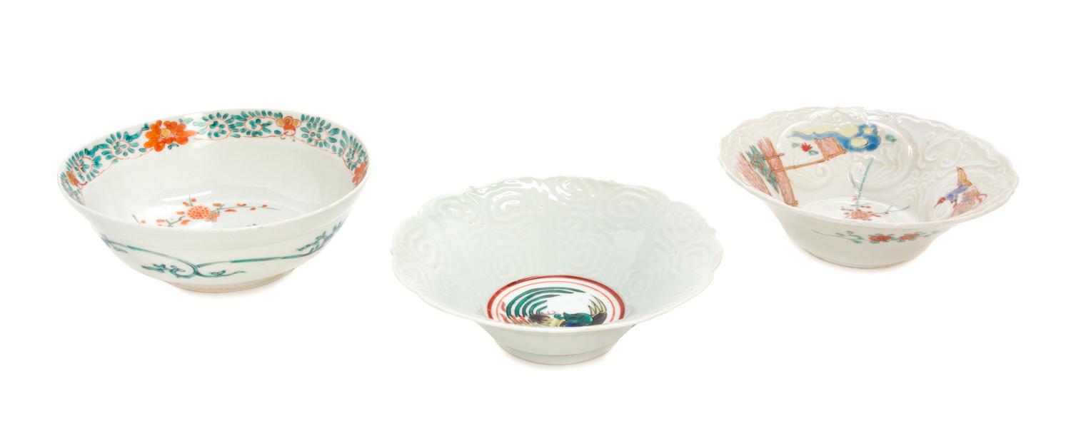 Three Kakiemon Porcelain Dishes Diameter of largest 5 1/2 inches.