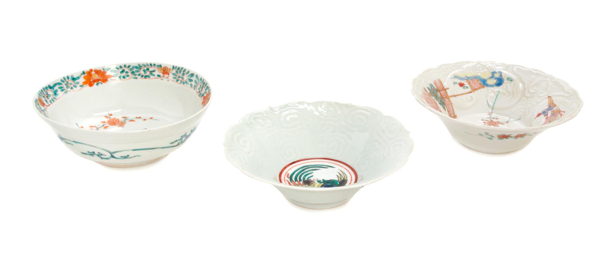 Three Kakiemon Porcelain Dishes Diameter of largest 5 1/2 inches.