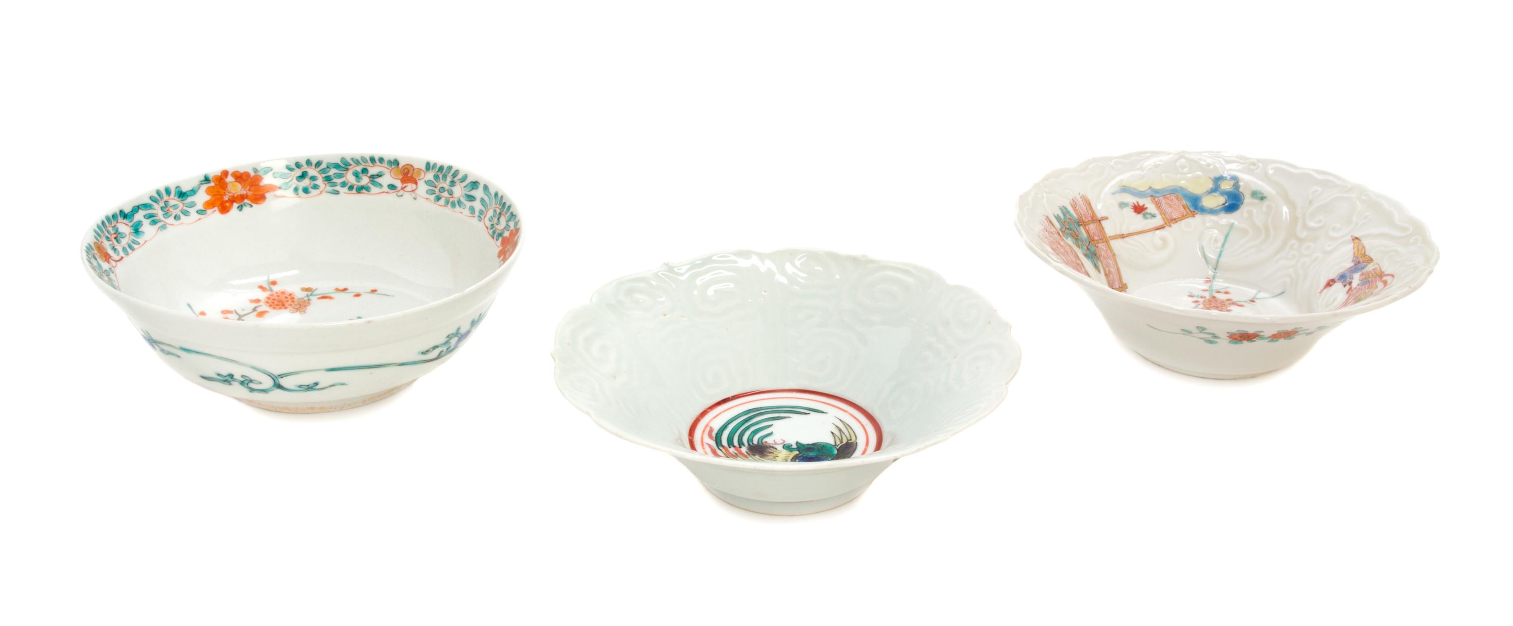 Three Kakiemon Porcelain Dishes Diameter of largest 5 1/2 inches.