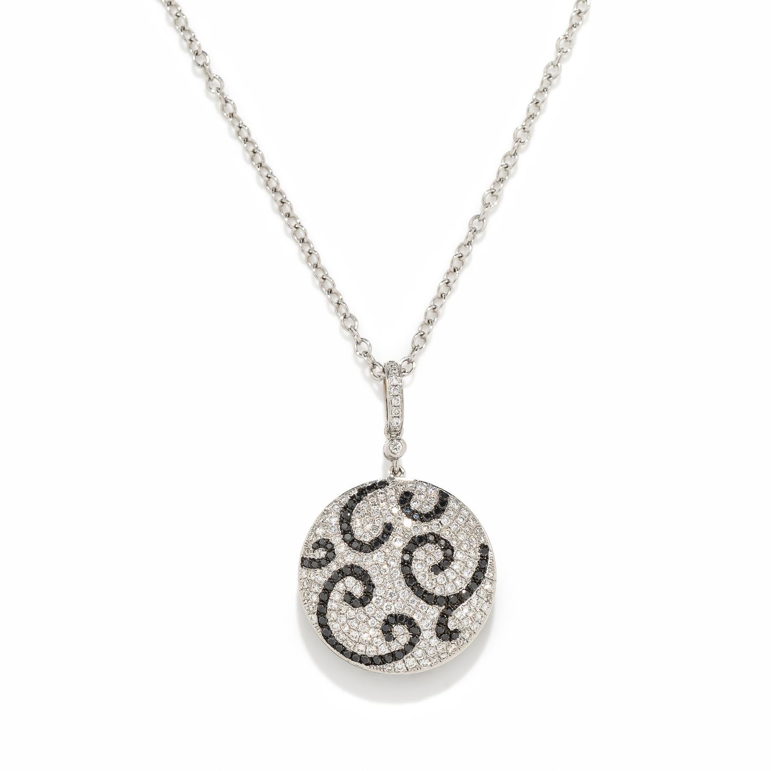 DIAMOND, BLACK DIAMOND, AND WHITE GOLD PENDANT NECKLACE