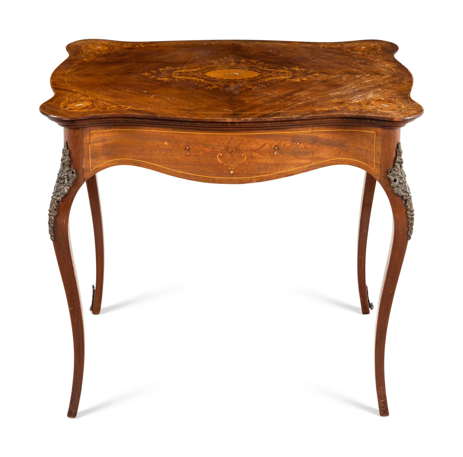 A Louis XV Style Marquetry and Mother-of-Pearl Inlaid Side Table