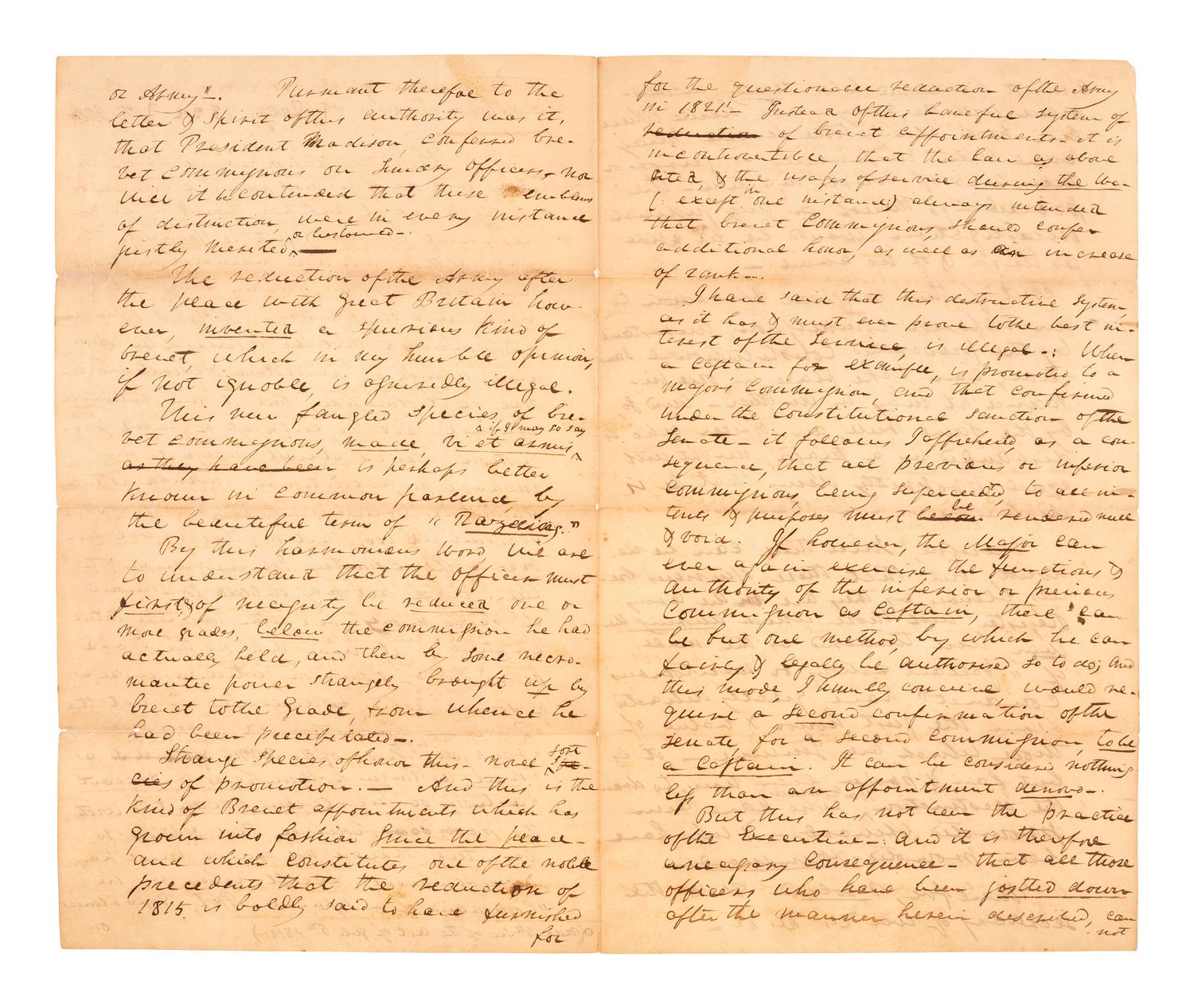 [WAR OF 1812]. JONES, Roger (1789-1852). The Nature of Brevet Commissions Briefly Considered. Autograph document signed ("R. Jones"). N.p. February 1822. Adjutant General Roger Jones decries the military's system of brevet commissions.