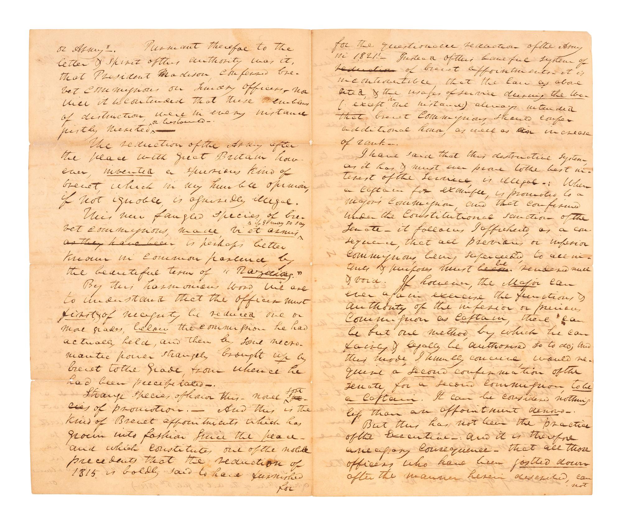 [WAR OF 1812]. JONES, Roger (1789-1852). The Nature of Brevet Commissions Briefly Considered. Autograph document signed ("R. Jones"). N.p. February 1822. Adjutant General Roger Jones decries the military's system of brevet commissions.