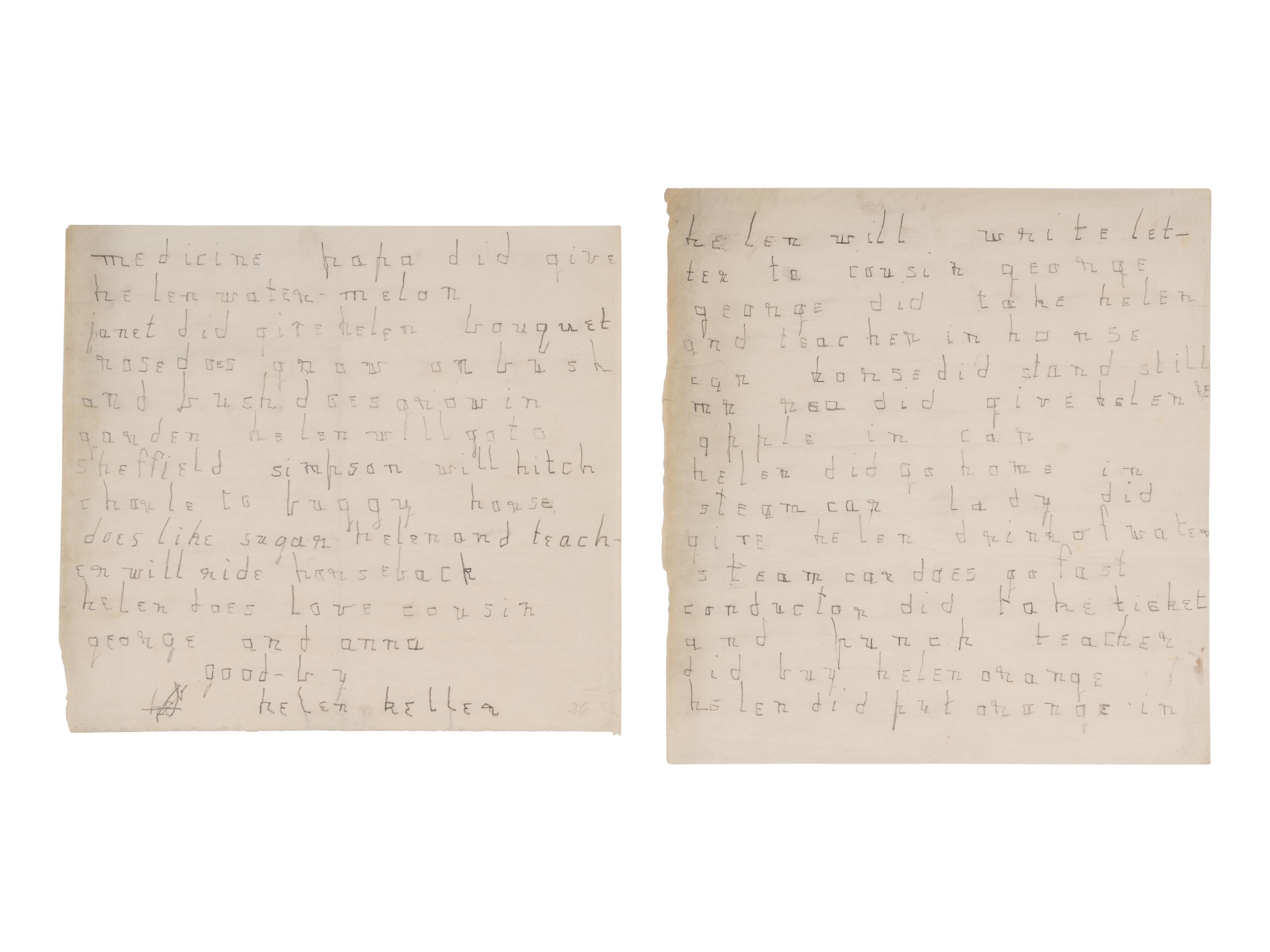 KELLER, Helen Adams (1880-1968). Autograph letter signed ("helen keller") to Cousin George. N.p., n.d. [ca June 1887-1889].