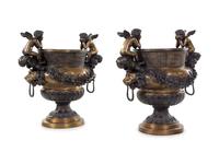 A Pair of Continental Gilt and Patinated Bronze Urns