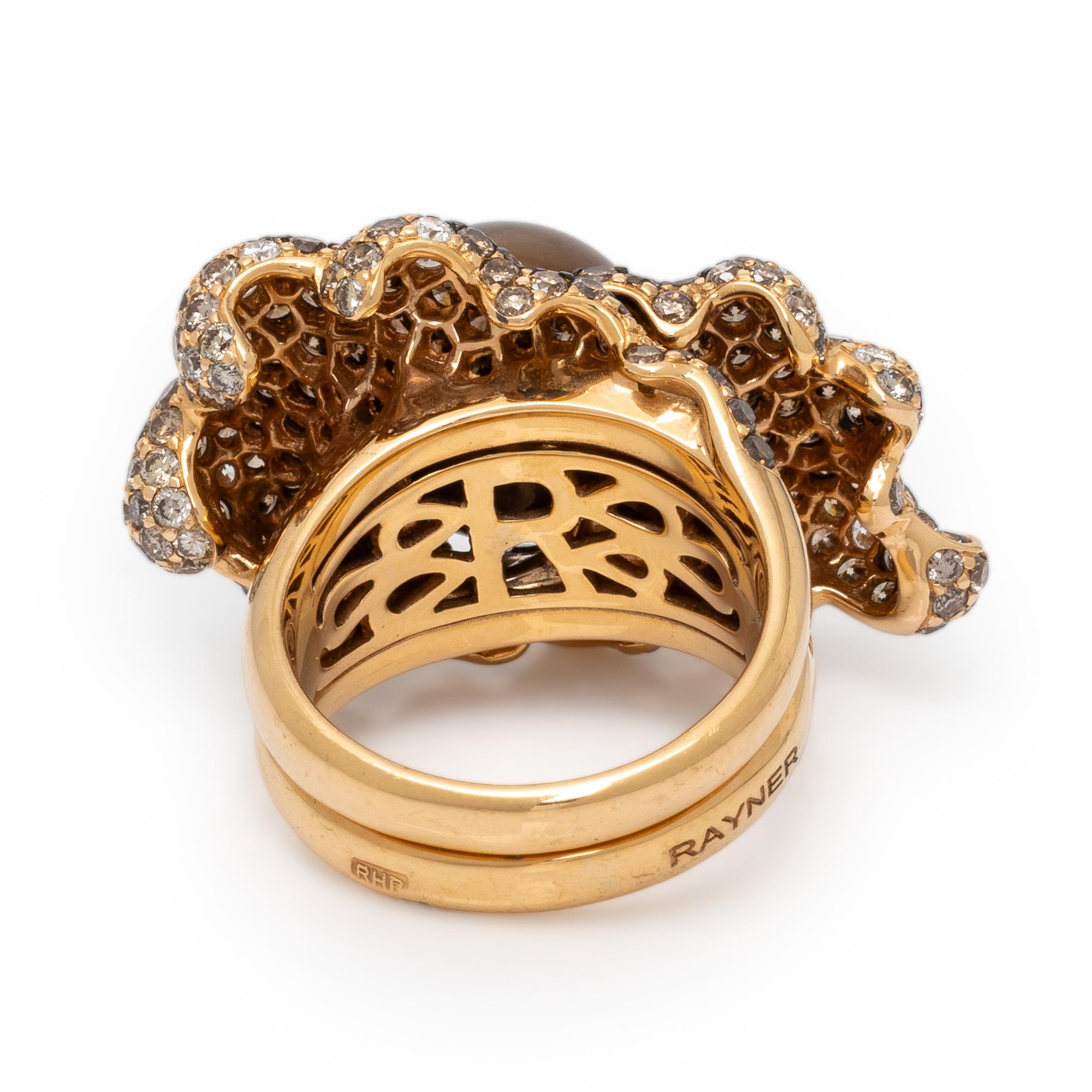 Rodney Rayner, 'Wave,' Brown Cultured Pearl, Colored Diamond, and Yellow Gold Flower Ring