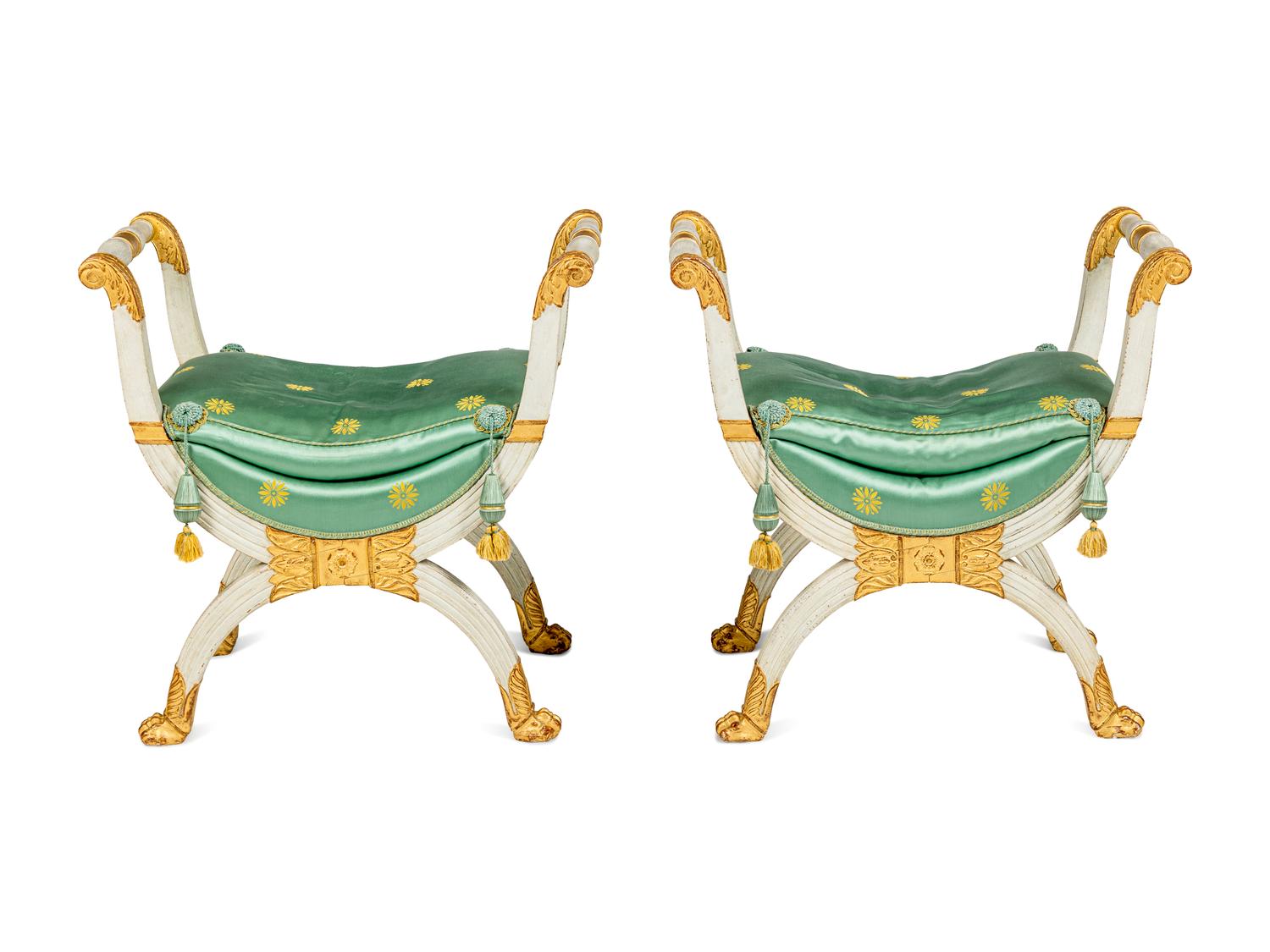 A Pair of Empire White-Painted and Parcel-Gilt Tabourets
