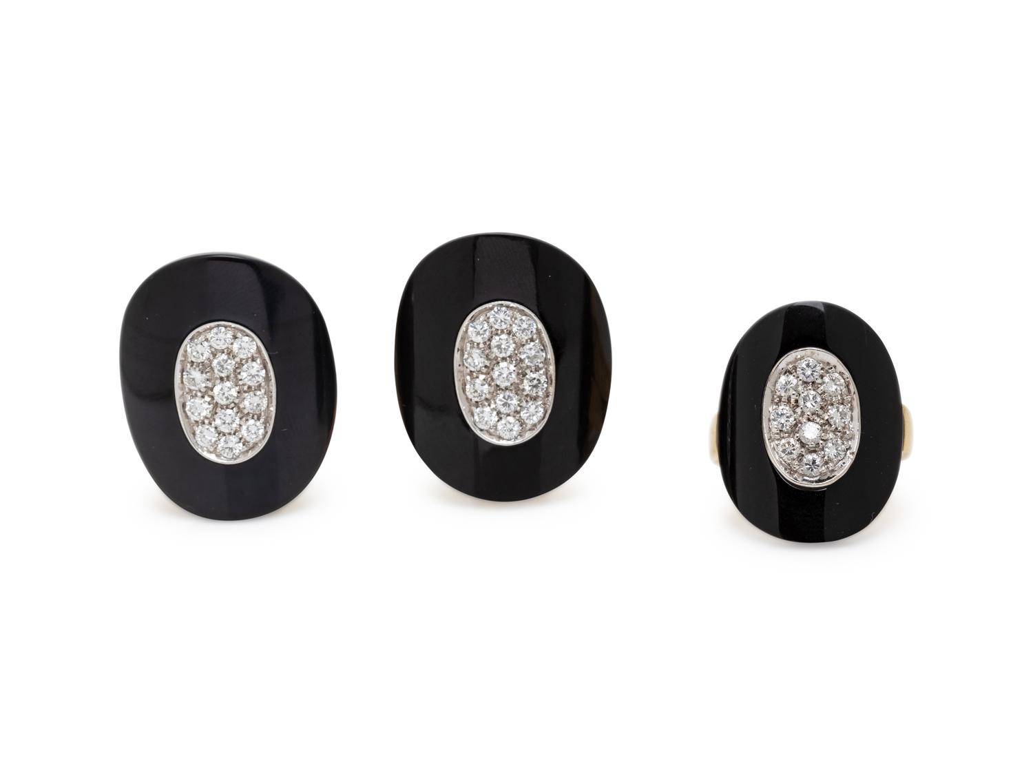 CARDI, MILANO, BLACK ONYX AND DIAMOND EARRINGS AND RING