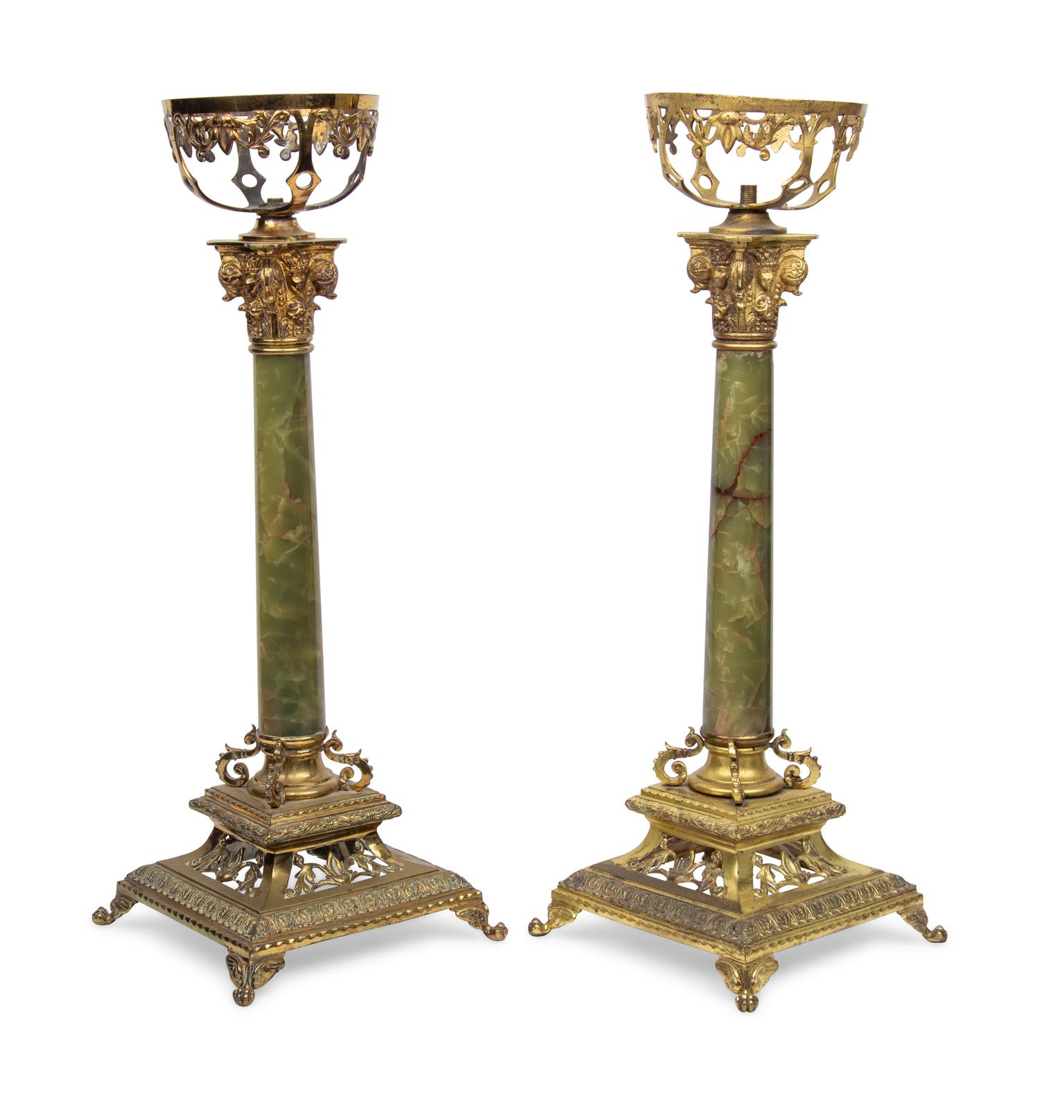 A Pair of Gilt-Metal and Onyx Lamps