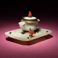 A Chinese Carved Pale Celadon Jade Cup and Stand Mounted as an Inkwell, 19th-20th Century — 晚清-民國 青白玉刻龍紋杯碟改墨水瓶