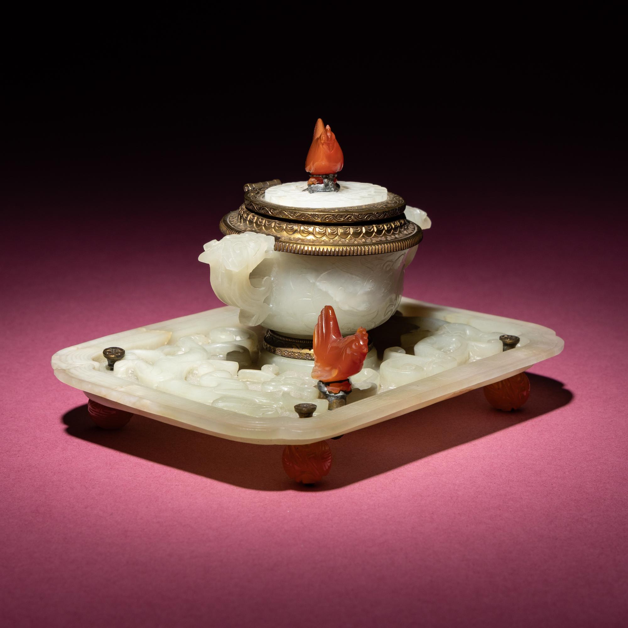 A Chinese Carved Pale Celadon Jade Cup and Stand Mounted as an Inkwell, 19th-20th Century — 晚清-民國 青白玉刻龍紋杯碟改墨水瓶