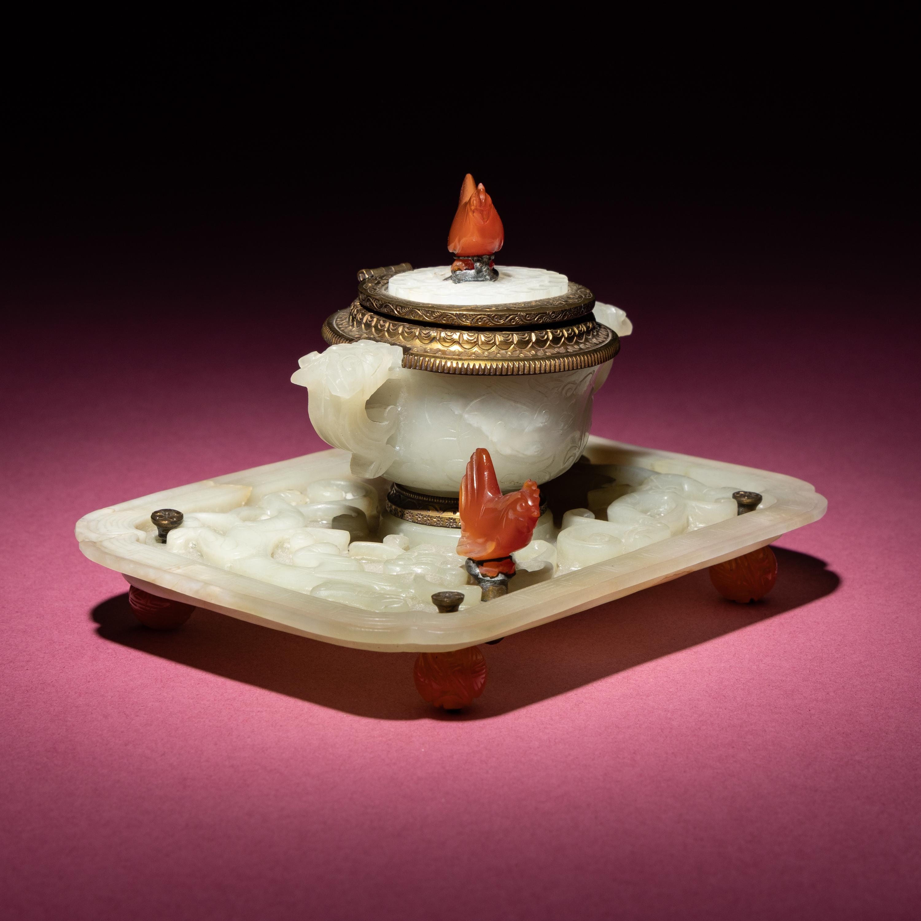 A Chinese Carved Pale Celadon Jade Cup and Stand Mounted as an Inkwell, 19th-20th Century — 晚清-民國 青白玉刻龍紋杯碟改墨水瓶