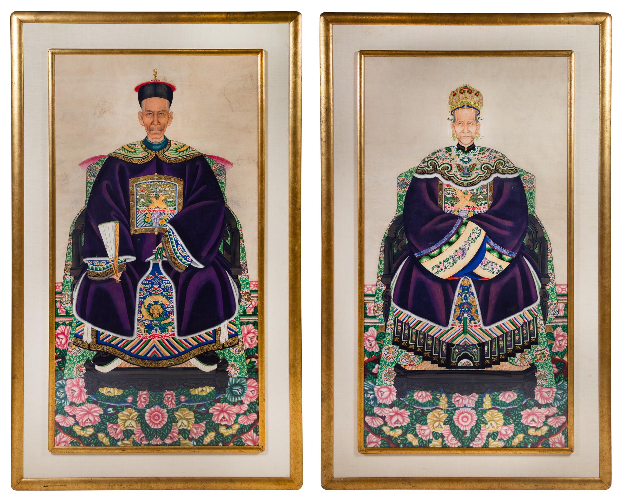 A Pair of Chinese Ancestor Portraits 63 1/2 x 33 1/4 inches (visible). — EARLY 20TH CENTURY