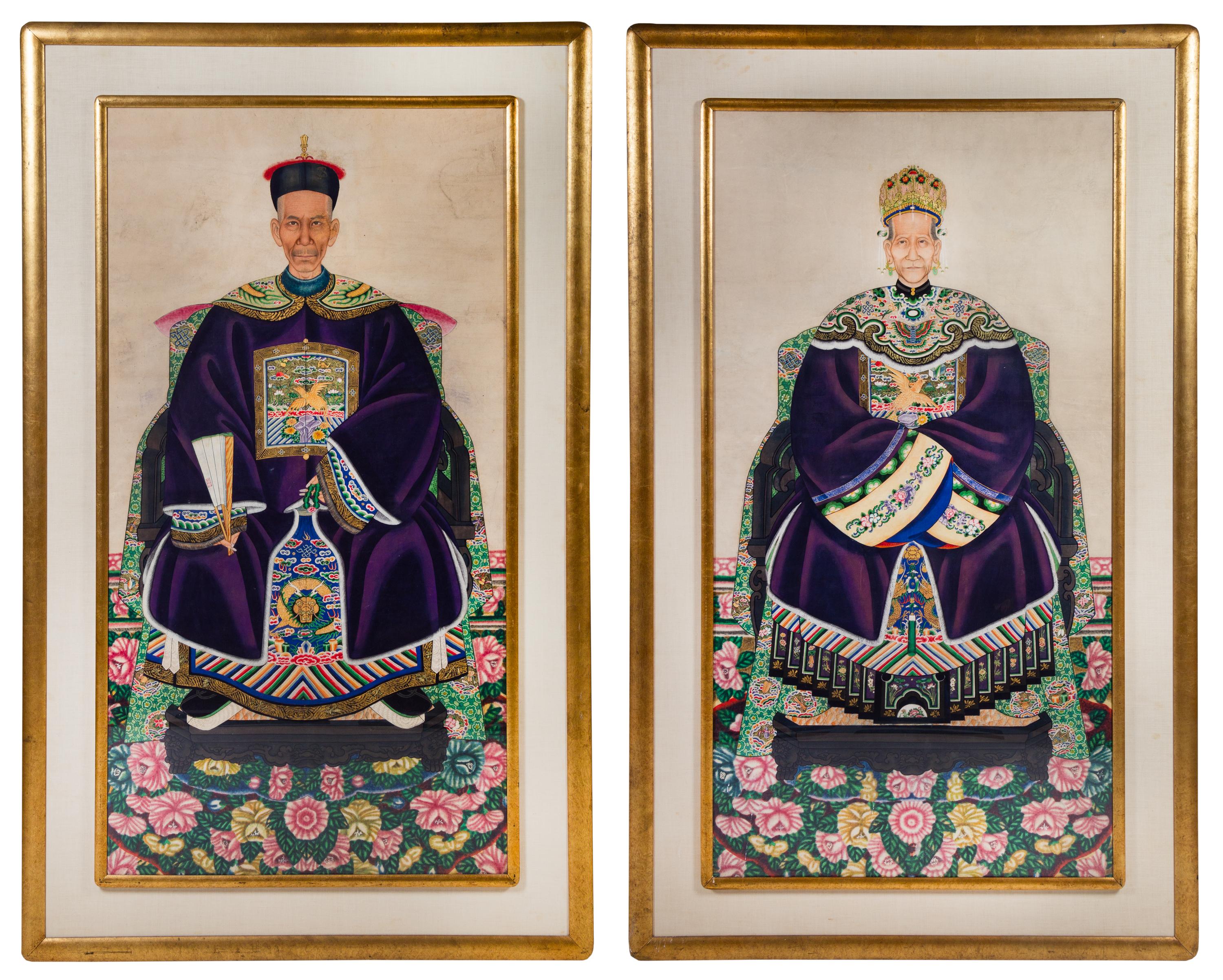 A Pair of Chinese Ancestor Portraits 63 1/2 x 33 1/4 inches (visible). — EARLY 20TH CENTURY