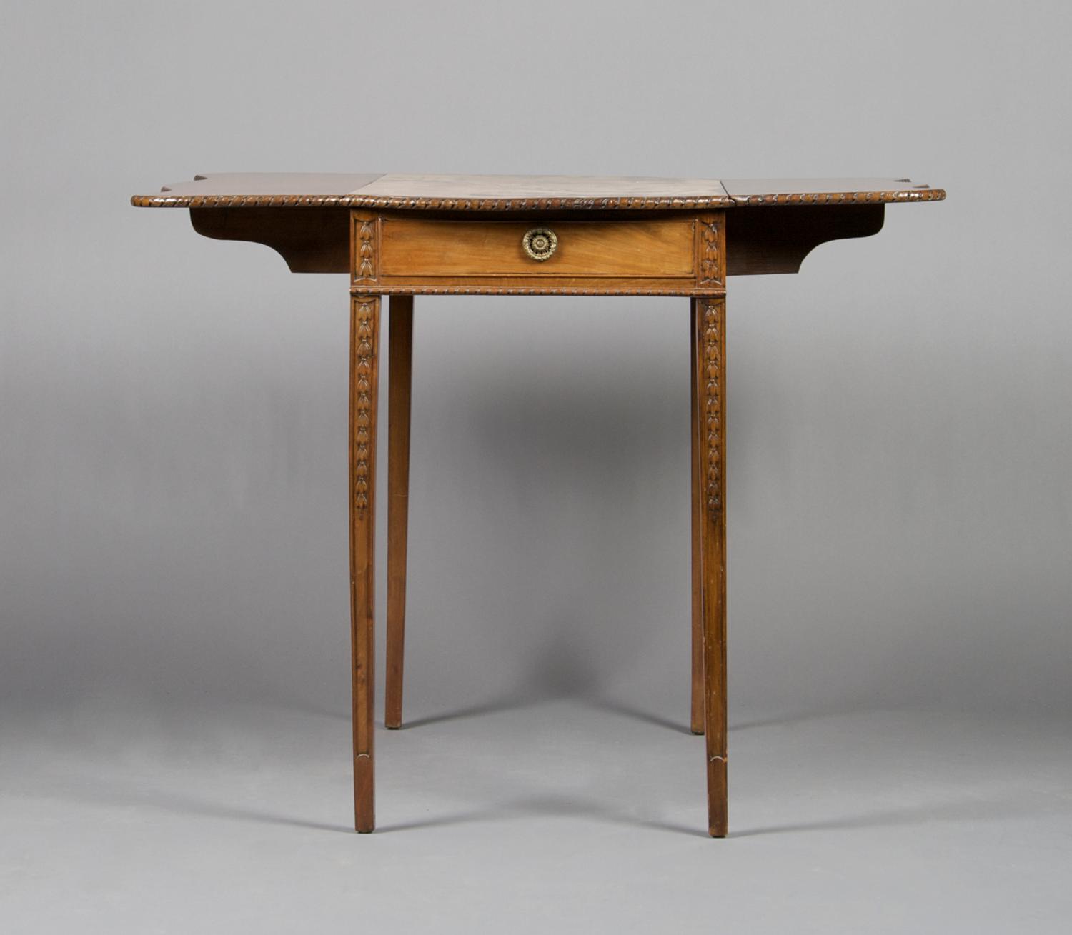 A George III Pembroke Table, Height 28 1/4 x width 17 3/4 x depth 32 1/2 inches closed.