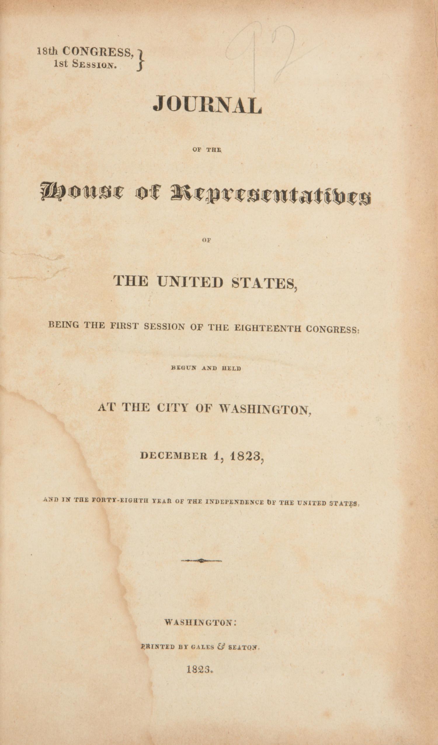 [Americana] Journal of the House of Representatives of the United States, being the first session of the Eighteenth Congress...December 1, 1823...