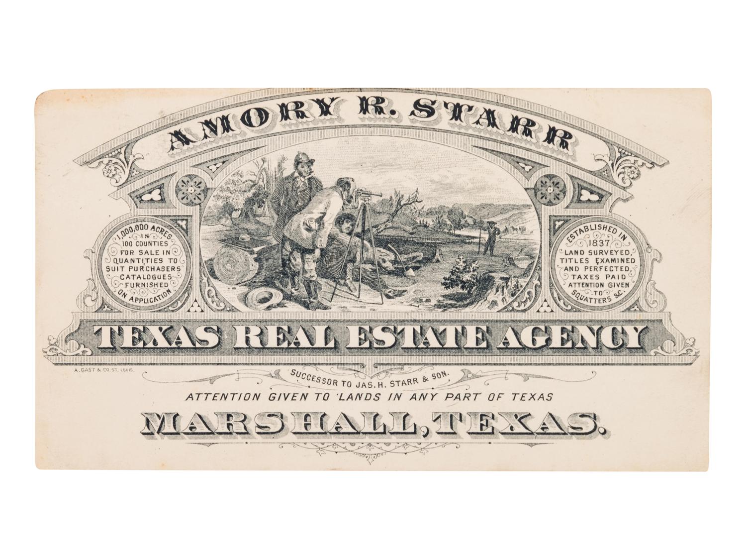 STARR, Amory Reily (1847-1906). Amory R. Starr... Texas Real Estate Agency...Marshall, Texas . St. Louis: A. Gast & Co., [ca 1874].