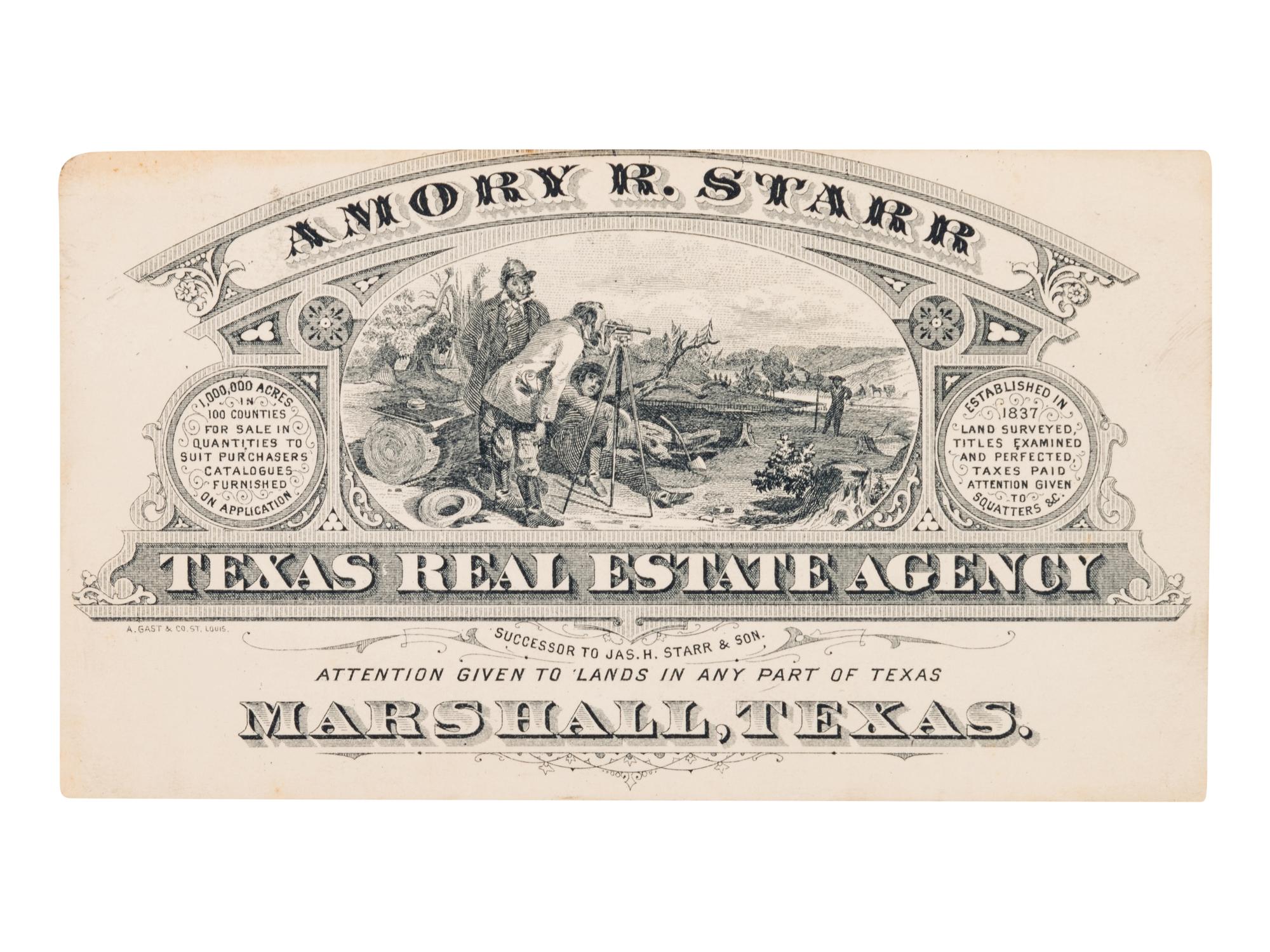 STARR, Amory Reily (1847-1906). Amory R. Starr... Texas Real Estate Agency...Marshall, Texas . St. Louis: A. Gast & Co., [ca 1874].