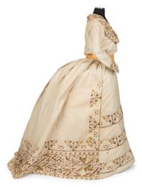 Linen Day Dress à la 18th Century with Embroidery, 1870-80s
