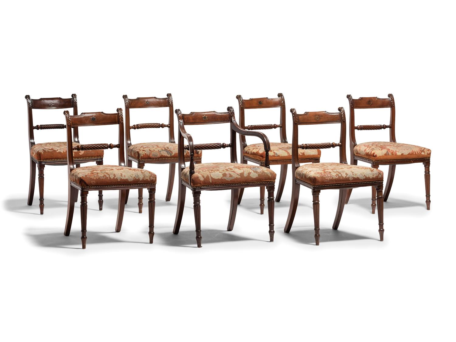 Seven Regency Style Brass Inlaid Mahogany Chairs