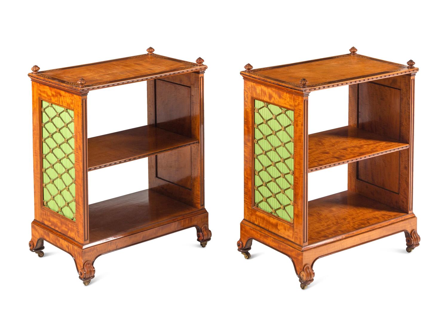 A Pair of Regency Revival Ormolu Mounted Satinwood and Amaranth-Inlaid Bookcases