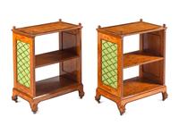 A Pair of Regency Revival Ormolu Mounted Satinwood and Amaranth-Inlaid Bookcases