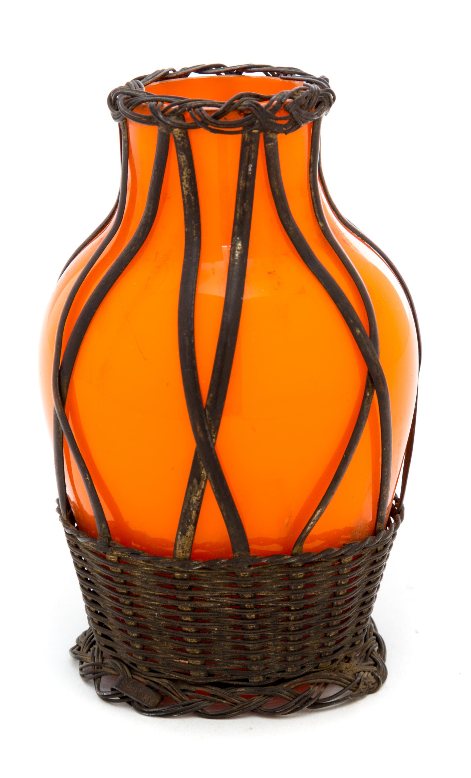 A Czechoslovakian Wire Wrapped Glass Vase Height 4 1/2 inches.