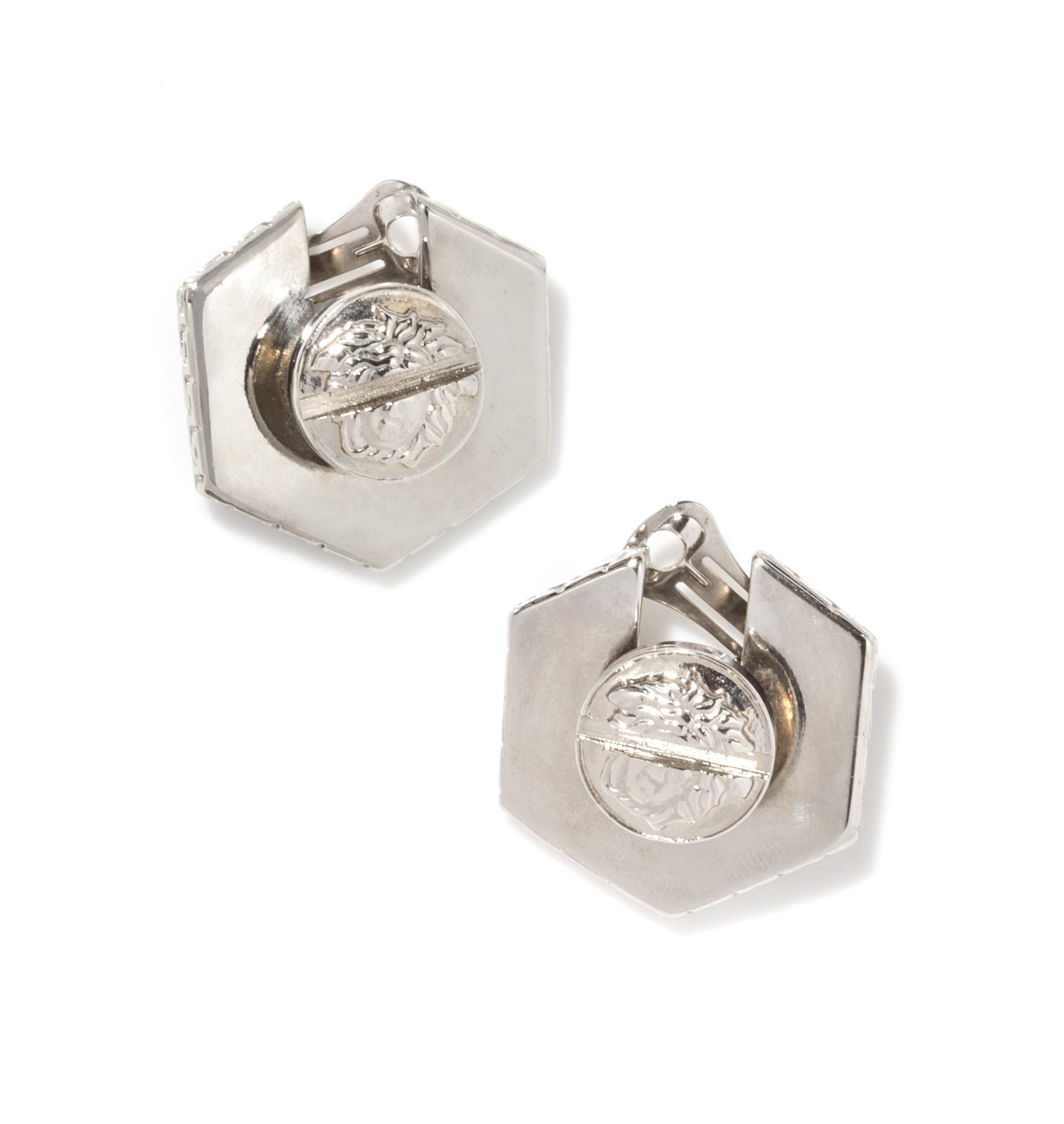 A Pair of Gianni Versace Bolt Earclips, 1.5" x 1.5".