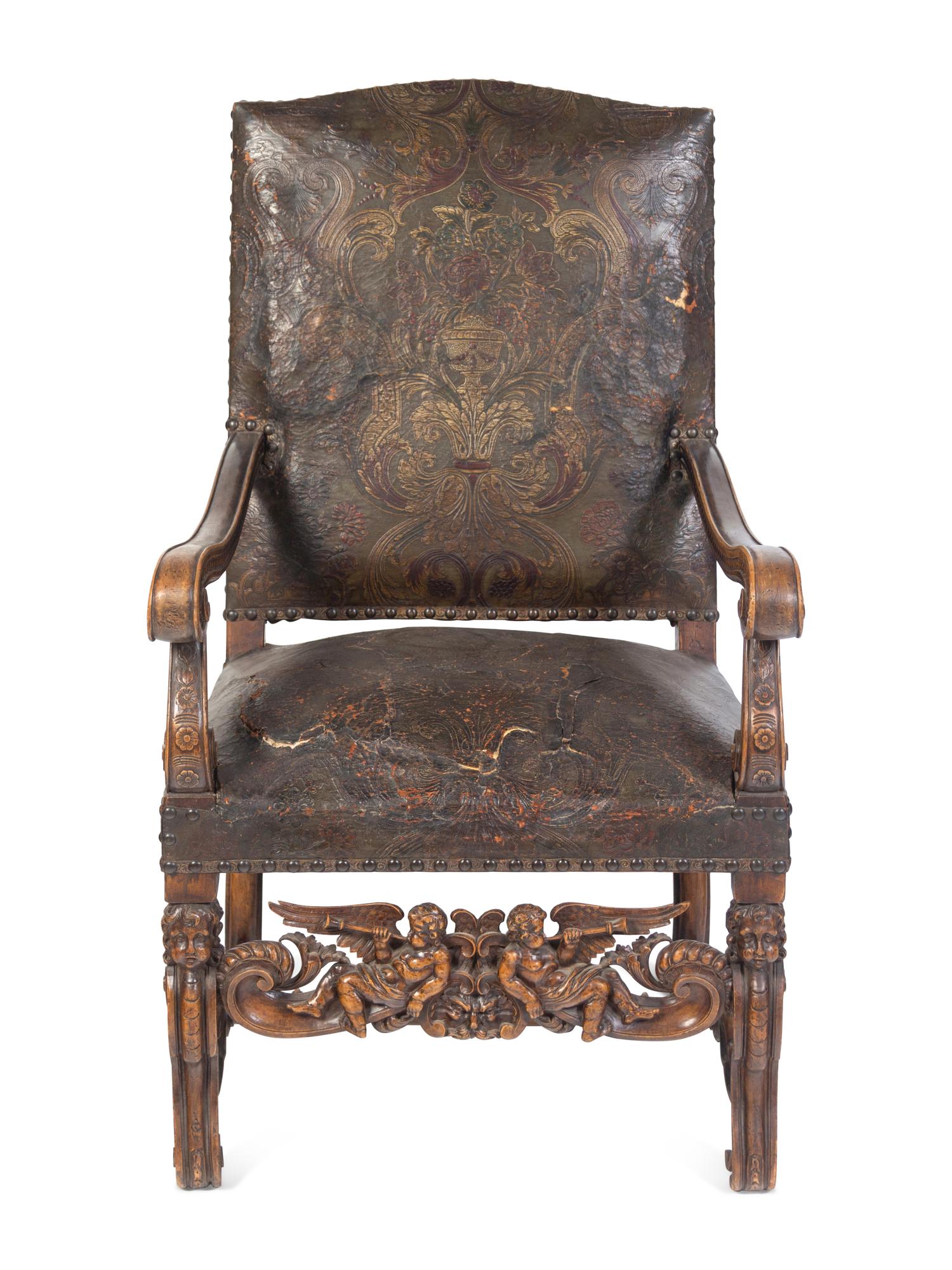 An Italian Baroque Tooled Leather-Upholstered Armchair