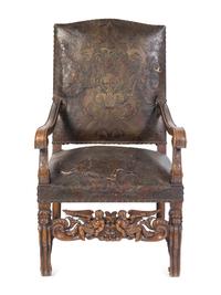 An Italian Baroque Tooled Leather-Upholstered Armchair