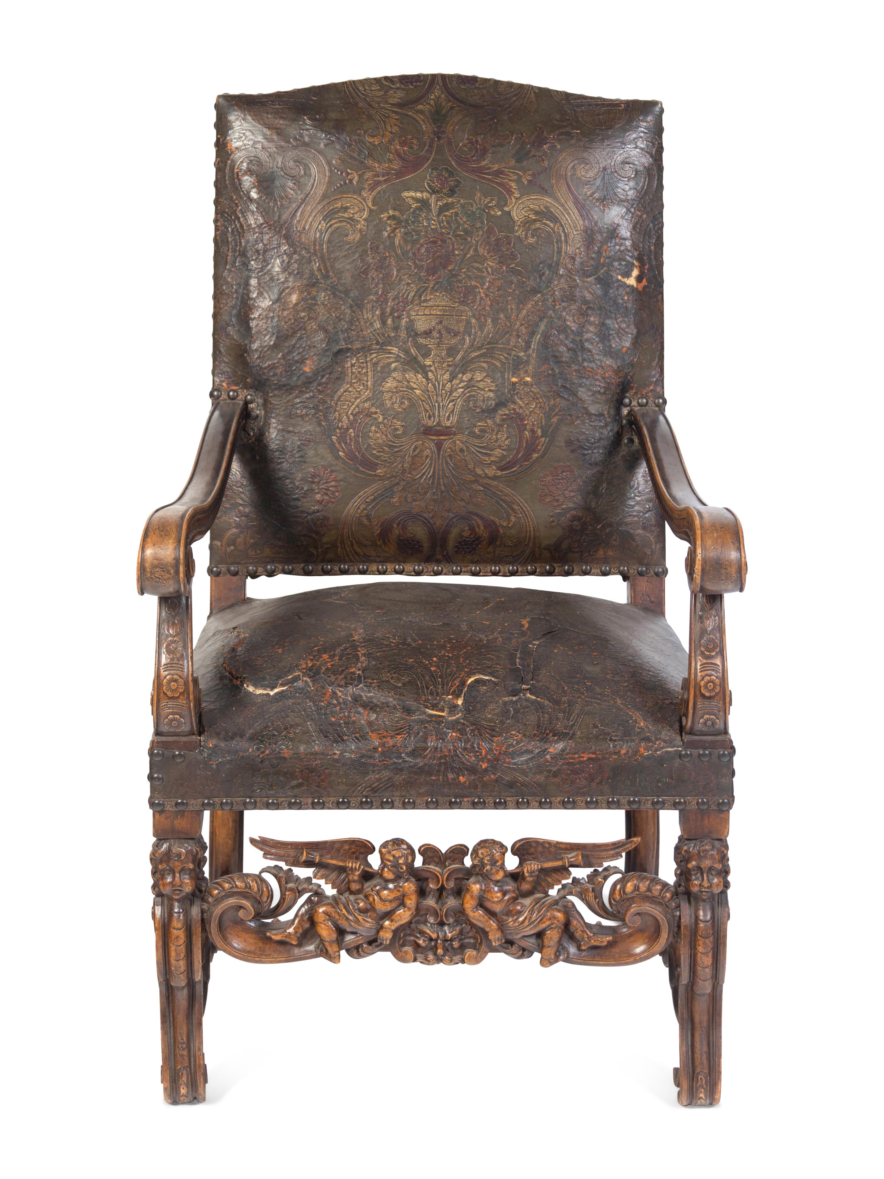 An Italian Baroque Tooled Leather-Upholstered Armchair