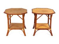 A Pair of Faux Bamboo Painted Side Tables with Rattan Tops — 20TH CENTURY