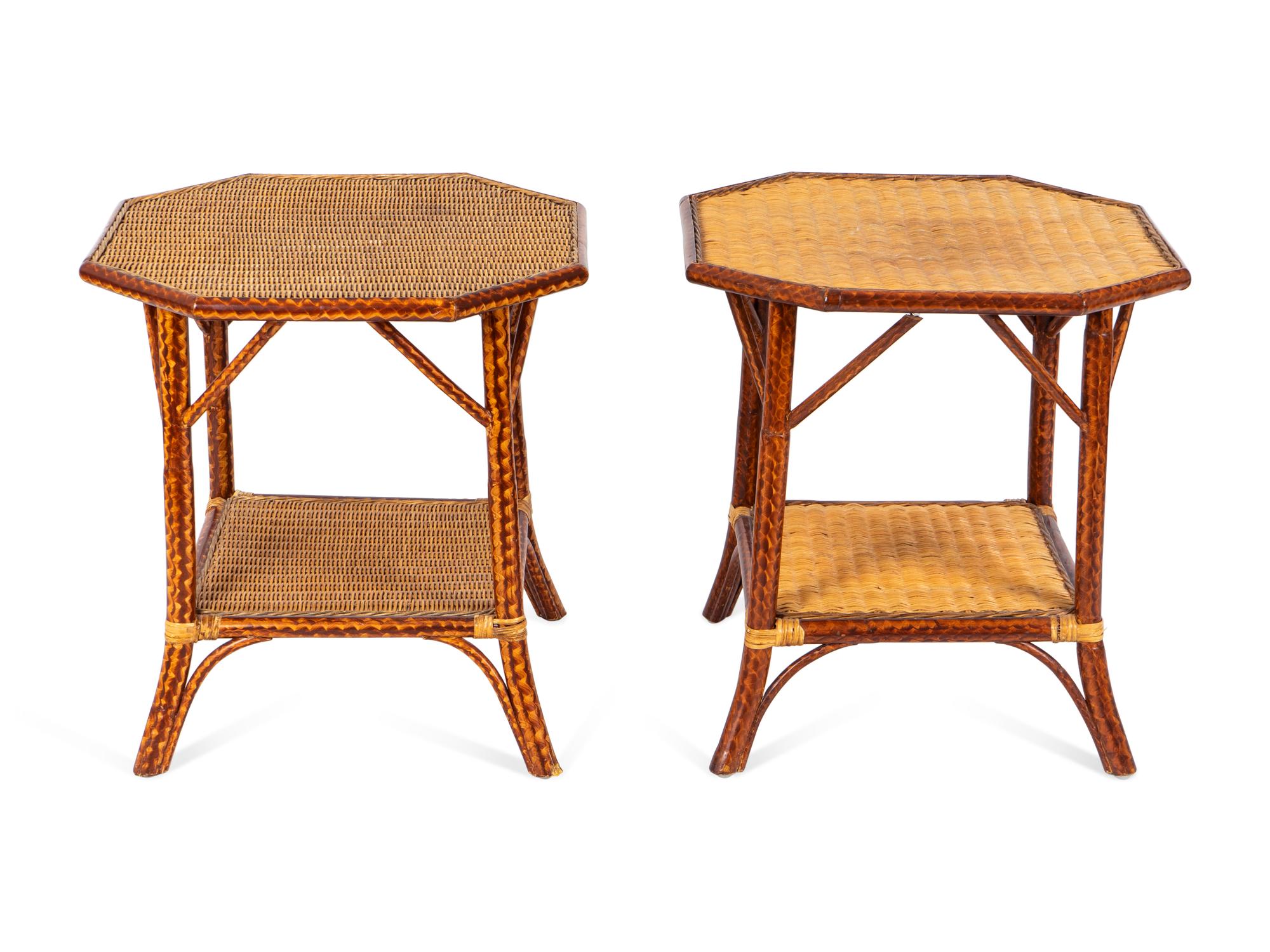 A Pair of Faux Bamboo Painted Side Tables with Rattan Tops — 20TH CENTURY