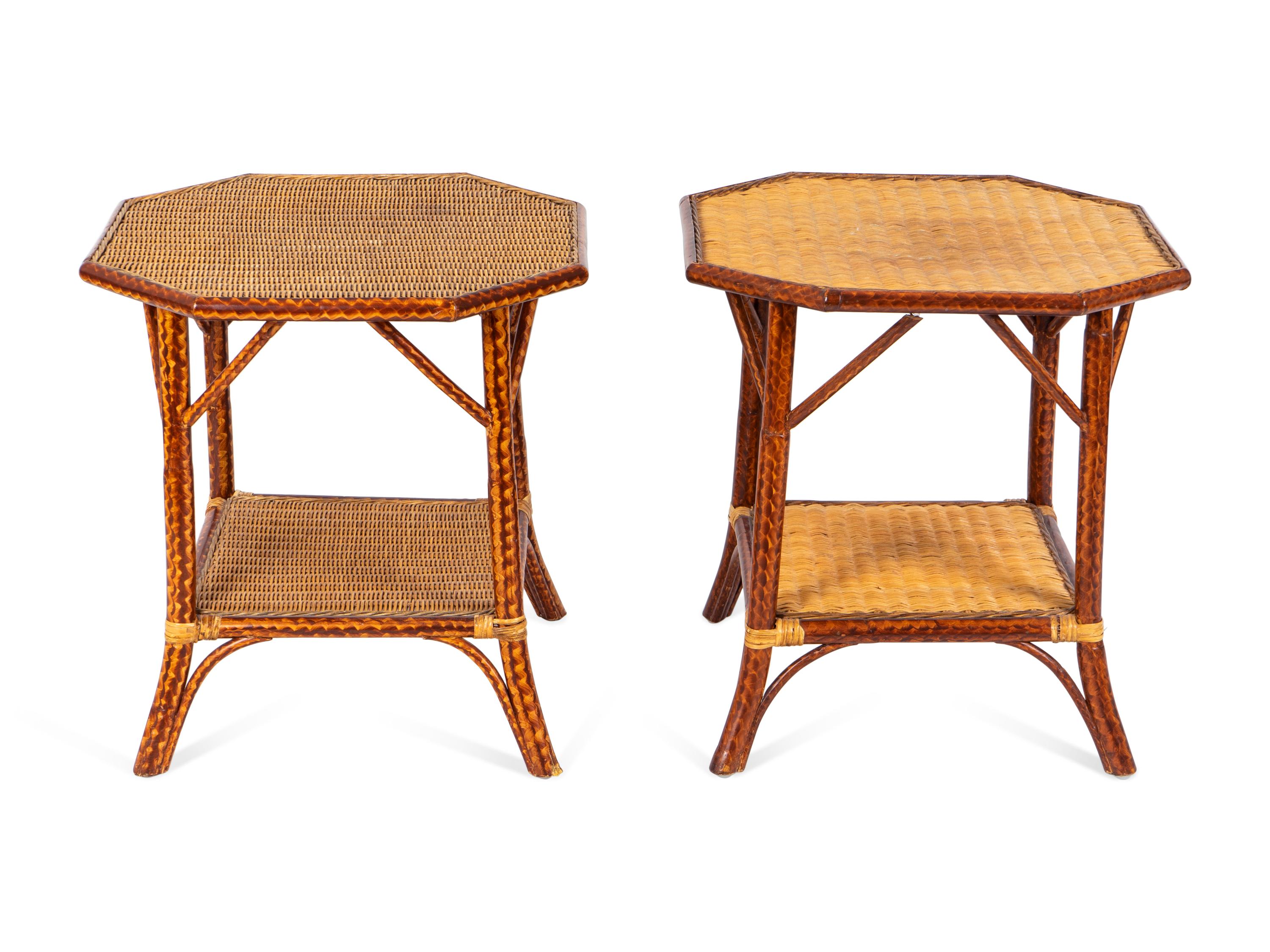 A Pair of Faux Bamboo Painted Side Tables with Rattan Tops — 20TH CENTURY