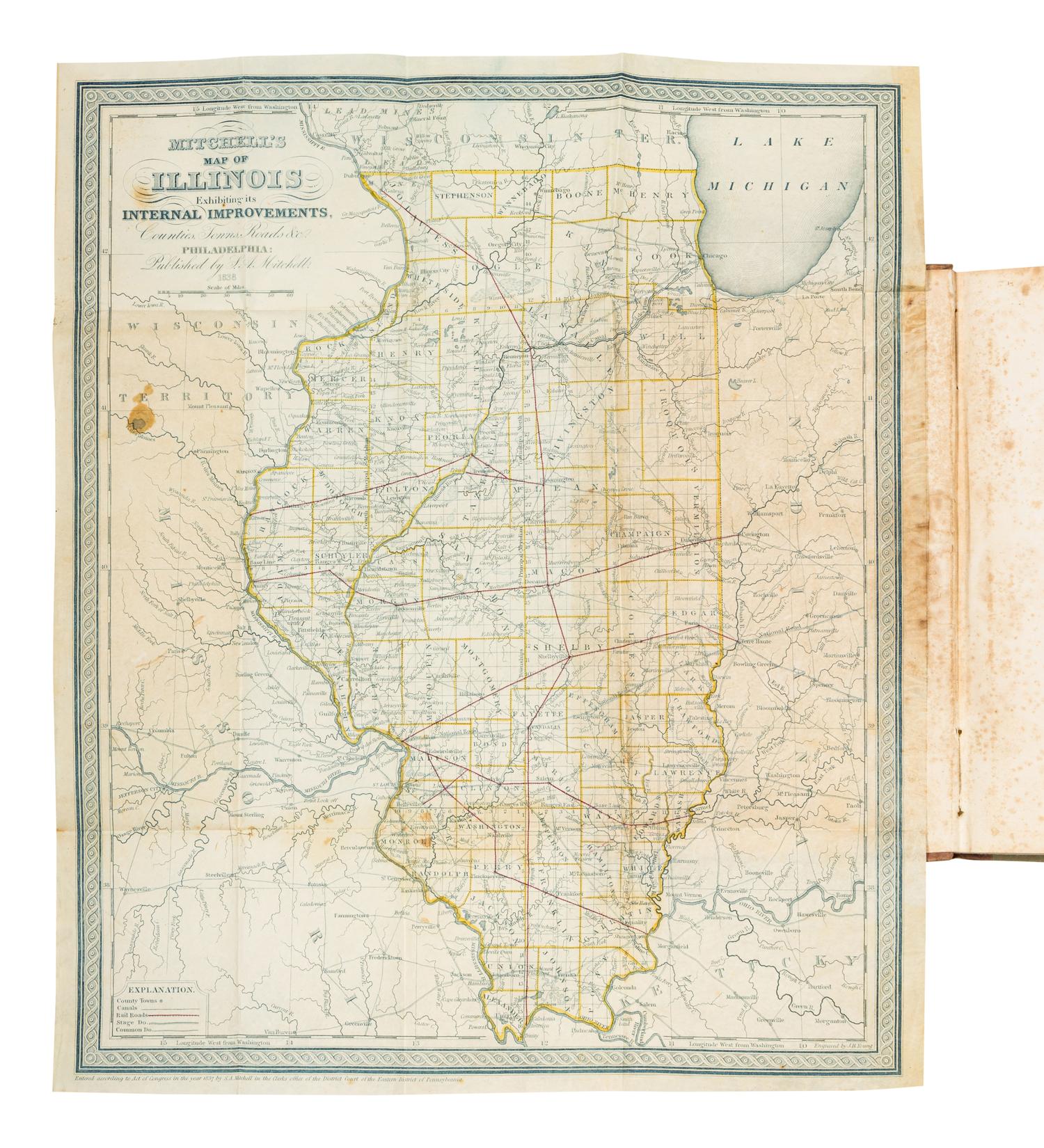 [MITCHELL, Samuel Augustus (1792–1868)]. Illinois in 1837; A Sketch Descriptive of the Situation, Boundaries, Face of the Country… With a Letter on the Cultivation of the Prairies by the Hon. H. L. Ellsworth. Philadelphia: S. Augustus Mitchell and Grigg & Elliot, 1837.