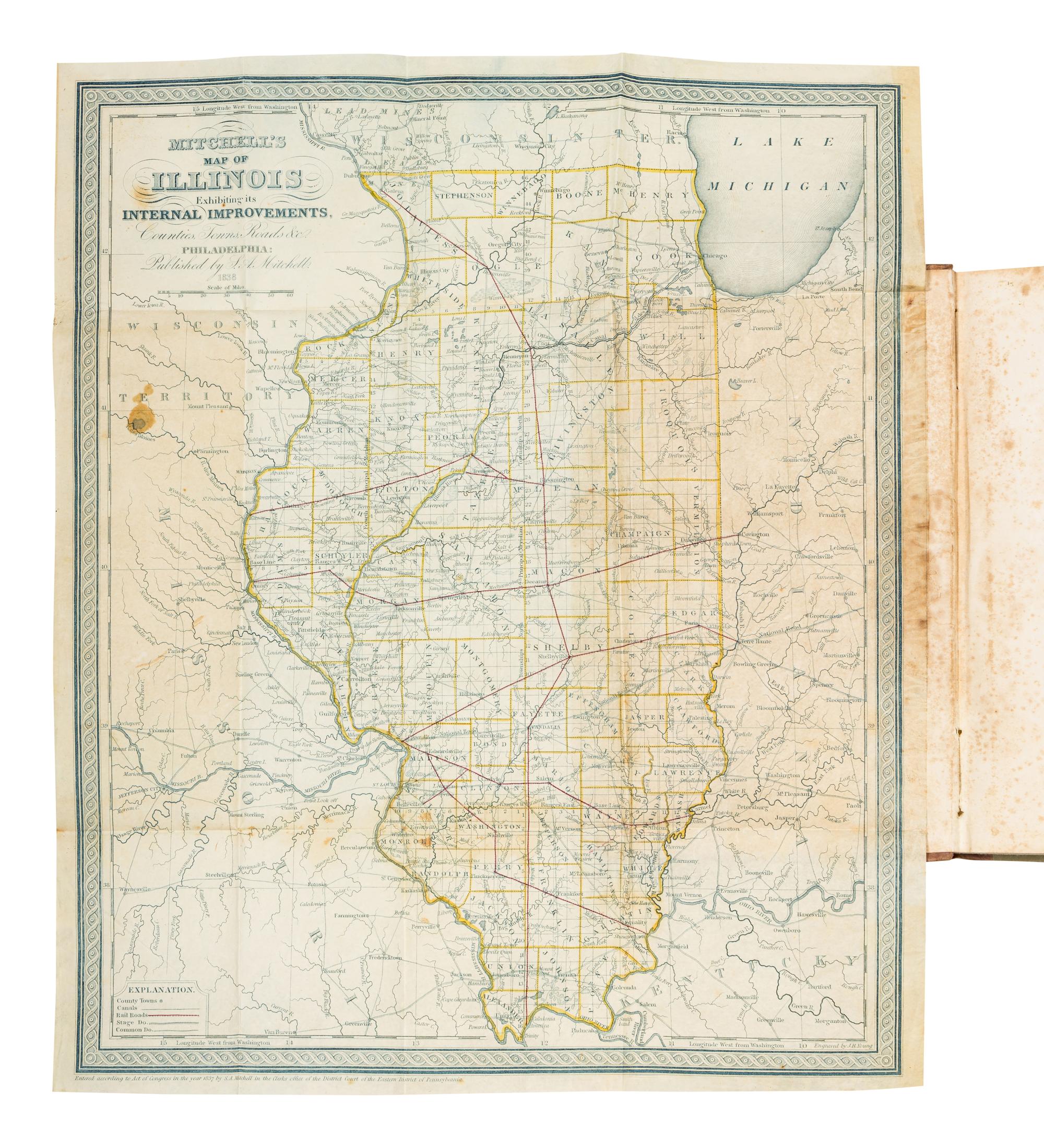 [MITCHELL, Samuel Augustus (1792–1868)]. Illinois in 1837; A Sketch Descriptive of the Situation, Boundaries, Face of the Country… With a Letter on the Cultivation of the Prairies by the Hon. H. L. Ellsworth. Philadelphia: S. Augustus Mitchell and Grigg & Elliot, 1837.
