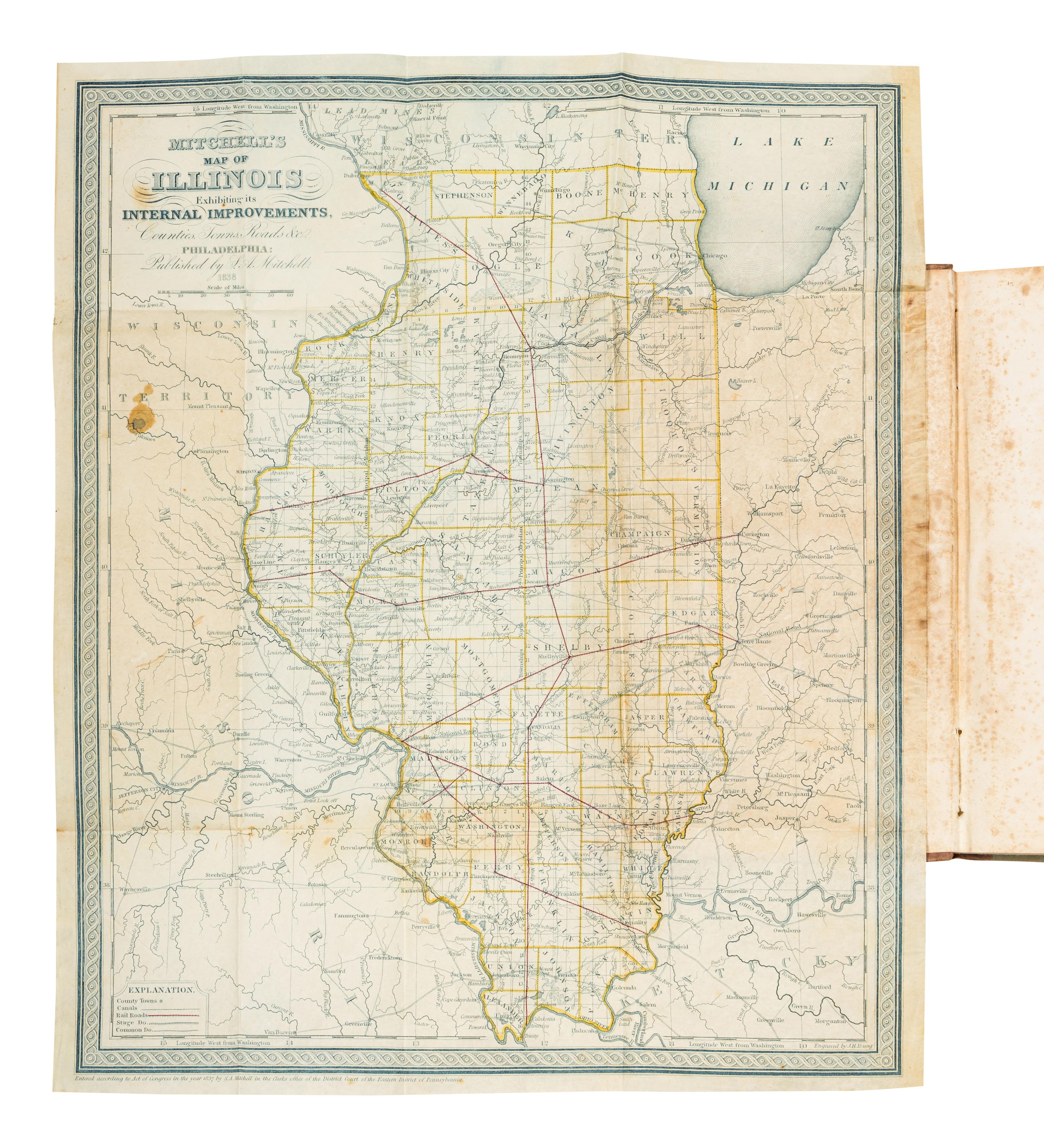 [MITCHELL, Samuel Augustus (1792–1868)]. Illinois in 1837; A Sketch Descriptive of the Situation, Boundaries, Face of the Country… With a Letter on the Cultivation of the Prairies by the Hon. H. L. Ellsworth. Philadelphia: S. Augustus Mitchell and Grigg & Elliot, 1837.